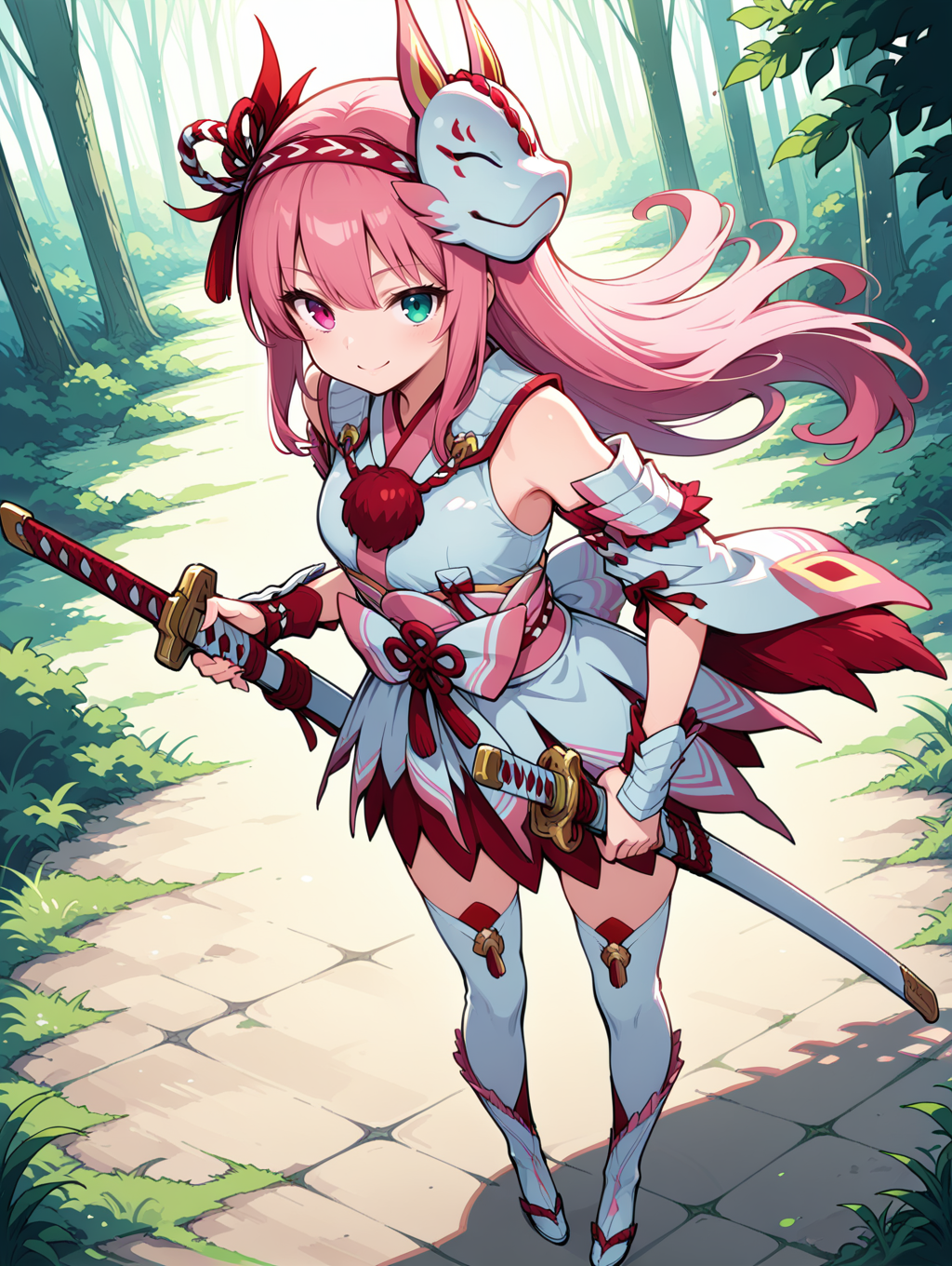 mizutsune gunner armor,1girl,pink hair,solo,heterochromia,green eyes,scabbard,long hair,blue eyes,smile,katana,looking at viewer,sheath,full body,outdoors,closed mouth,hand on hilt,pink hairband,white kimono dress,pink sash bow,white detached sleeves,white vambraces,white thigh boots,from above,
masterpiece,best quality,amazing quality,very aesthetic,absurdres,newest,<lora:Mizutsune Armor Beta illuXL v1:0.75>,