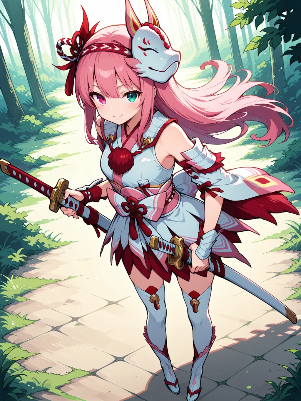 mizutsune gunner armor,1girl,pink hair,solo,heterochromia,green eyes,scabbard,long hair,blue eyes,smile,katana,looking at viewer,sheath,full body,outdoors,closed mouth,hand on hilt,pink hairband,white kimono dress,pink sash bow,white detached sleeves,white vambraces,white thigh boots,from above,
masterpiece,best quality,amazing quality,very aesthetic,absurdres,newest,<lora:Mizutsune Armor Beta illuXL v1:0.75>,