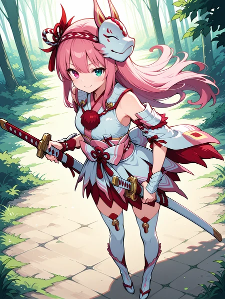 mizutsune gunner armor,1girl,pink hair,solo,heterochromia,green eyes,scabbard,long hair,blue eyes,smile,katana,looking at viewer,sheath,full body,outdoors,closed mouth,hand on hilt,pink hairband,white kimono dress,pink sash bow,white detached sleeves,white vambraces,white thigh boots,from above,
masterpiece,best quality,amazing quality,very aesthetic,absurdres,newest,<lora:Mizutsune Armor Beta illuXL v1:0.75>,