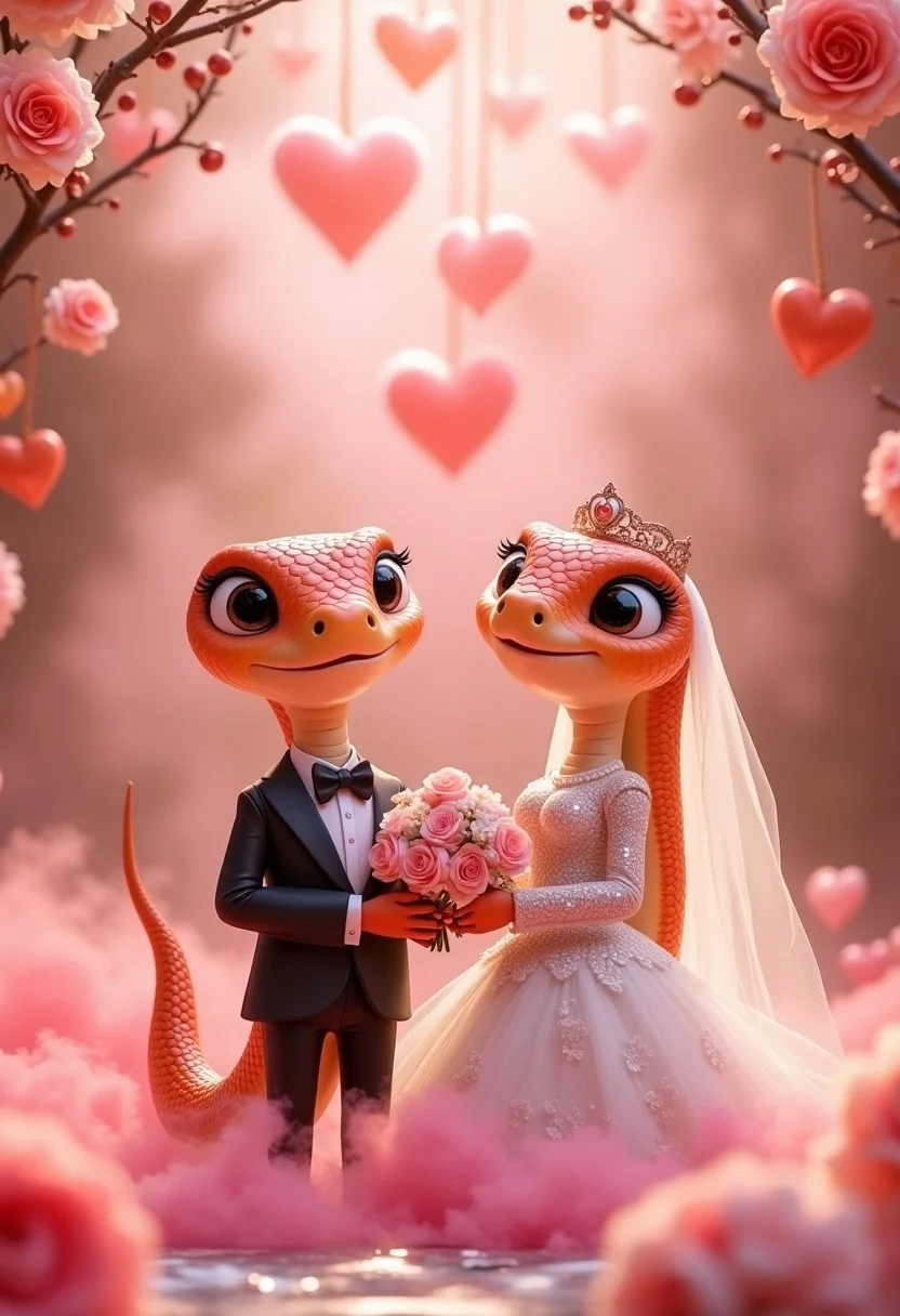 delightful scene, (cute prince snake:1.3) in a (tuxedo:1.2) and (cute princess snake:1.3) in a (beautiful wedding dress:1.2), radiant smile, surrounded by blooming flowers and hearts, pink smoke in the shape of hearts around them, valentine's day, enchanting venue, soft pastel colors, whimsical decorations, joyful atmosphere, intricate details, by velvet, fantasy art, warm lighting, rich textures, magical elements.