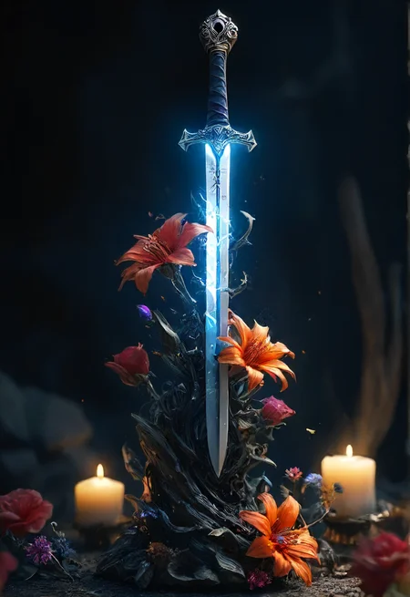 on a beautiful star-filled night, a insane crazy flower is cutting trough the darkness with a sword of light! <lora:- SDXL - vant_blk_contrast_V2.0:0.8>