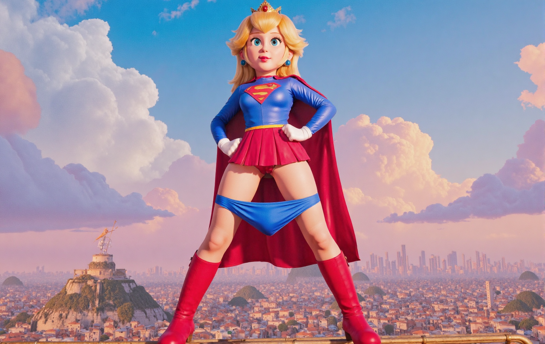  Mario style P4ntied0wn. style oil painting of a  Princess peach dressed as supergirl, grimdark, form fitted blue bodysuit with 'S' logo, red pleated skirt, red cape, red knee high boots,  (blue pantie stripped down showing her ass, stripping blue  pantie  with hands), shaved,  floating  in sky, metropolis city background