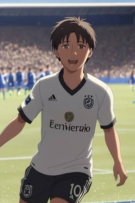 high resolution, solo, best quality, 1Boy, Takaki Toono, Brownish Hair, Brown Eyes, soccer player, field, portraits, sport photography, celebration, OverallDetail