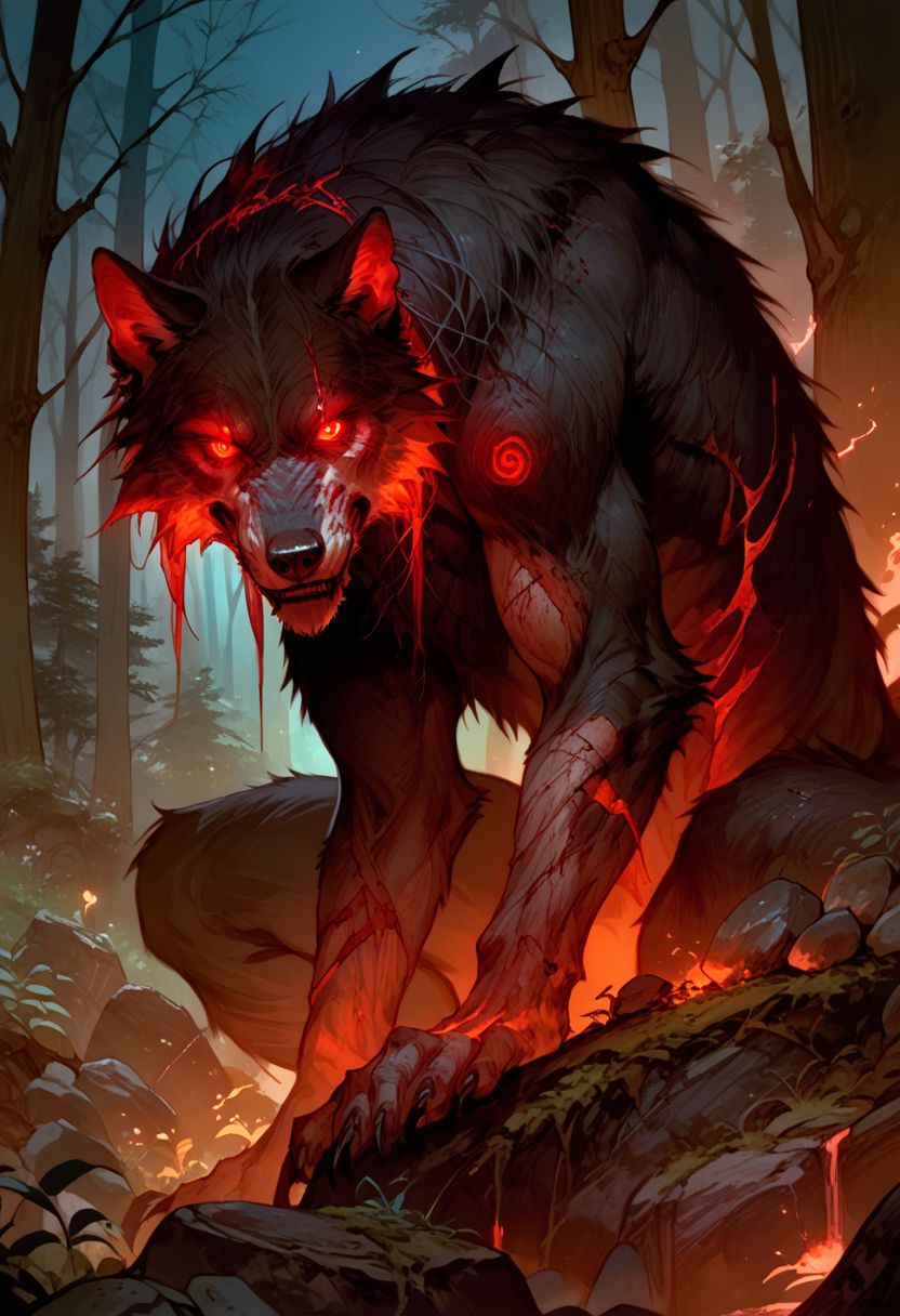 score_9, score_8_up, score_7_up, source_anime, solo, looking at the viewer, ( Giant wolf, wounds, glowing red eyes,  black fur, tail), scary, simple background, (detailed image, high resolution, 5k resolution:1.0),  (forest, rocks, plants, night, dark)