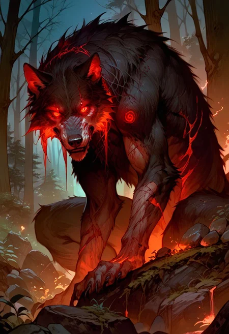 score_9, score_8_up, score_7_up, source_anime, solo, looking at the viewer, ( Giant wolf, wounds, glowing red eyes,  black fur, tail), scary, simple background, (detailed image, high resolution, 5k resolution:1.0),  (forest, rocks, plants, night, dark)