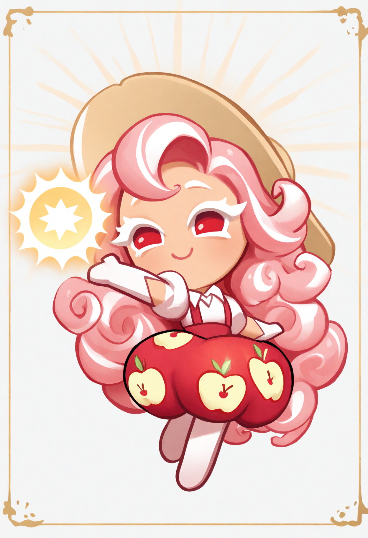 masterpiece,best quality,amazing quality,
crk1styl111,<lora:lycoris:1>,(chibi:1.4),colored eyelashes,white eyelashes,dynamic pose,solo,full body,(apple background:1.2),
magical particles,happy,apple print,(apple girl:1.1),long hair,magic,suspender skirt,collared shirt,sun_hat,curly hair,streaked hair,magical girl,red eyes,border,