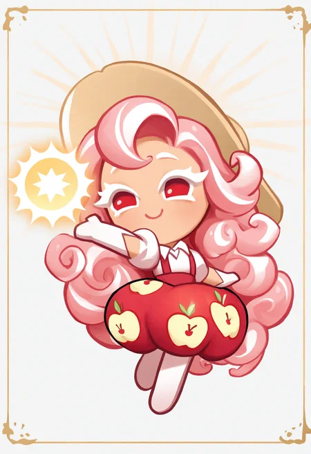 masterpiece,best quality,amazing quality,
crk1styl111,<lora:lycoris:1>,(chibi:1.4),colored eyelashes,white eyelashes,dynamic pose,solo,full body,(apple background:1.2),
magical particles,happy,apple print,(apple girl:1.1),long hair,magic,suspender skirt,collared shirt,sun_hat,curly hair,streaked hair,magical girl,red eyes,border,