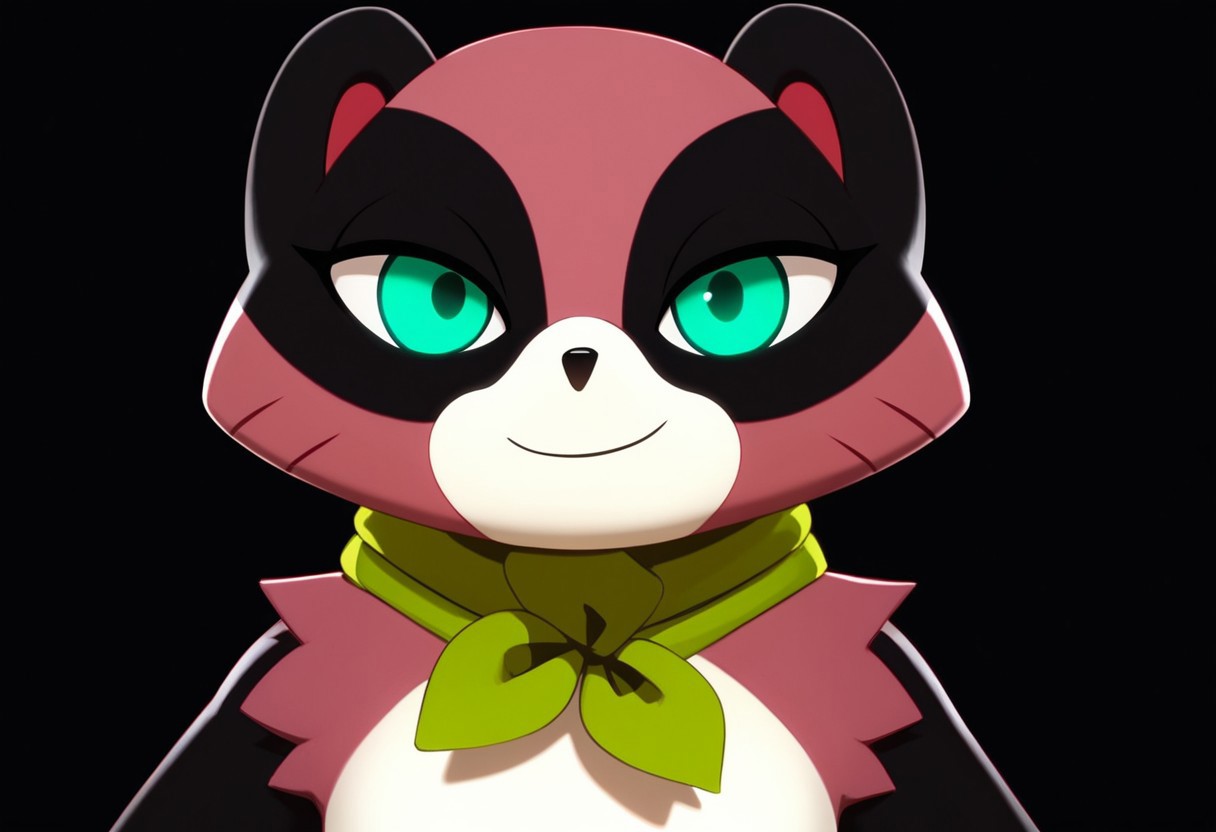 score_9, score_8_up, score_7_up, 1girl, solo, Expressiveh, (TanyaKeys, furry, anthro, female tanuki, white muzzle, pink body, pink fur, white body, two tone body, black arms, turquoise eyes, black pupils, green cape, black nose, smile, arms down, looking at viewer, cowboy shot, close-up, black background, simple background, 4k, masterpiece, best quality, highly detailed, realistic