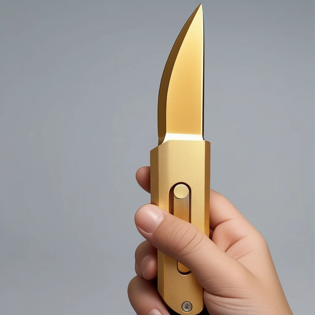 A photorealistic image of a golden knife being firmly grasped by a hand. The knife should be intricately designed, with a shimmering golden blade and handle. The hand holding the knife should appear strong and steady, possibly with visible veins to emphasize the grip. The background should be neutral or slightly blurred to focus attention on the knife and the hand holding it. The lighting should highlight the golden material of the knife, making it gleam ,<lora:Luobo_knife3:0.55>
5>