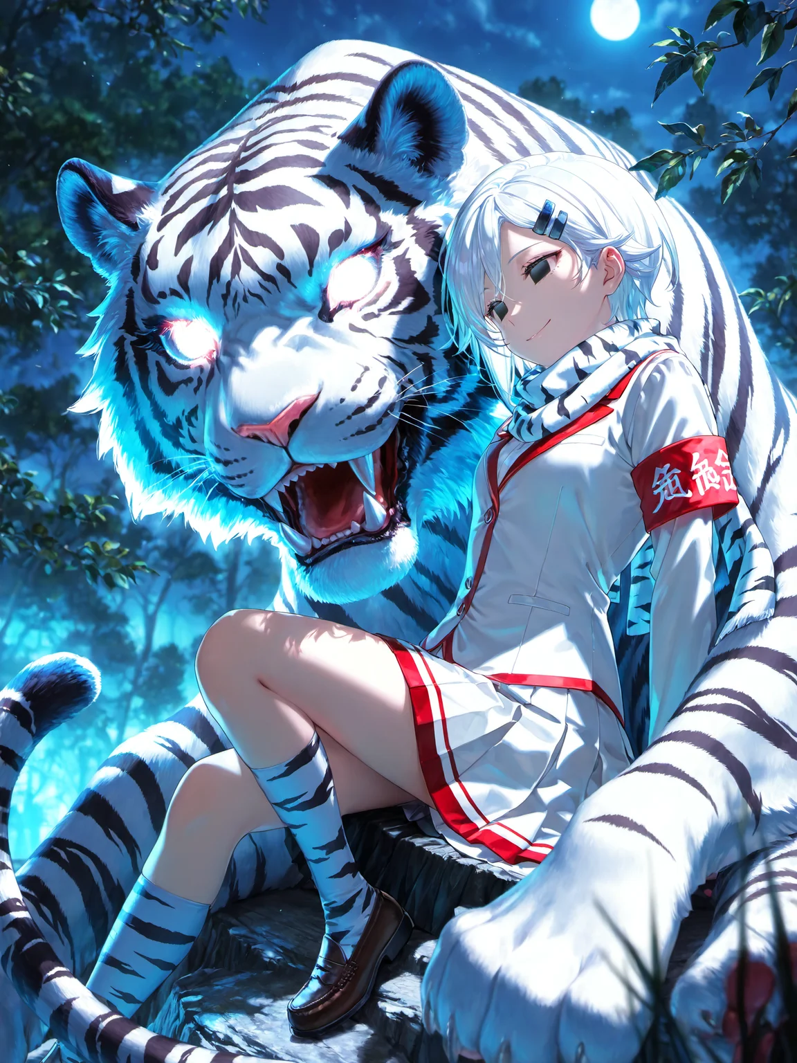 siiqa vivi, shuri \(84k\) <lora:ShiromiXL:1> Shiromi_YS, 1girl, short hair, empty eyes, school uniform, tiger print, armband, pleated skirt, hairclip, scarf, smile, white hair, dynamic pose, sitting, tiger, glowing, night, kneehighs, loafers,
masterpiece, best quality, amazing quality, very aesthetic, absurdres, newest, lazypos, <lora:cfg_scale_boost:0.9>, relaxing, tree, solo,