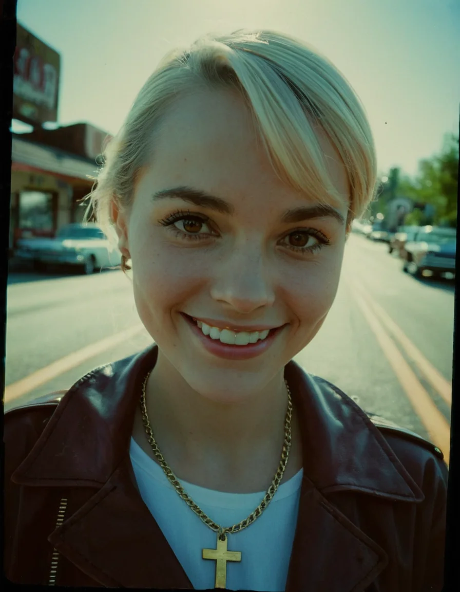 A hyperrealistic Polaroid-style portrait of a white woman standing confidently in the middle of a quiet American small-town street. The image is captured with a professional Nikon NIKKOR Z 85mm f/1.2 S lens, creating an ultra-sharp, cinematic effect with a beautifully soft bokeh background. The high-saturation Polaroid aesthetic enhances the warm, nostalgic tones, giving the scene a rich, film-like vibrancy.
Character & Face (Highly Detailed):
    The subject is a woman with a light complexion, standing facing directly towards the camera (frontal view).
    She has a warm, confident smile, exuding charisma and an effortlessly cool attitude.
    Eyes: Deep brown, almond-shaped eyes looking directly at the camera, reflecting soft natural light.
    Eyebrows: Well-groomed, slightly arched, matching her platinum blonde hair.
    Nose: Straight and well-proportioned.
    Cheeks & Jawline: Defined cheekbones with a smooth jawline. Her skin has a subtle sun-kissed glow, with soft highlights emphasizing natural beauty.
Hair:
    Very long, straight platinum blonde hair, naturally silky and voluminous.
    A thick, straight-cut fringe (bangs) covers her forehead, ending just above her eyebrows.
Expression & Pose:
    She has a bold, self-assured expression, standing upright with a strong stance, owning her presence in the scene.
    Her gaze is direct, making eye contact with the camera, radiating confidence.
Attire & Accessories:
    She wears a bright pink leather jacket, slightly unzipped to reveal a black crop top or bralette underneath.
    A large Catholic cross necklace hangs prominently on her chest, attached to a thick, elegant gold chain. The cross is bold and intricately detailed, symbolizing faith and strength.
    Slim-fit, high-waisted denim jeans complete her look, emphasizing a stylish, modern aesthetic.
    She wears black ankle boots, slightly worn, adding a rebellious touch.
Background & Composition:
    The scene is set in a small American town, with classic brick buildings, vintage storefronts, and neon signs lining the quiet main street.
    Yellow dividing lines run down the road, adding depth and perspective.
    A retro diner with a neon sign, a gas station, and a few parked vintage cars (like a 60s Mustang or Chevy) add to the nostalgic Americana atmosphere.
    The street is empty, evoking a cinematic "moment in time" feel, as if she owns the road.
    The golden afternoon sunlight creates a warm glow, casting long shadows across the pavement.
Camera & Lens Details:
    Captured using a Nikon NIKKOR Z 85mm f/1.2 S lens, known for its exceptional sharpness, creamy bokeh, and professional portrait quality.
    Shallow depth of field focuses on the woman, while the background softly fades into a dreamy, out-of-focus blur, enhancing subject separation.
    Natural, soft falloff of light, highlighting skin texture and details while keeping the overall composition cinematic and balanced.
    Vivid, high-contrast colors, emphasizing the pink of her jacket, the blue sky, and the golden tones of the sunlight.
Lighting & Camera Quality:
    Shot in Polaroid-style, with high saturation, warm tones, and slight film grain for an authentic retro look.
    Soft vintage vignette around the edges, adding a timeless quality.
    Bright highlights and deep shadows, creating a film-like contrast and depth.