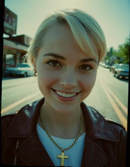 A hyperrealistic Polaroid-style portrait of a white woman standing confidently in the middle of a quiet American small-town street. The image is captured with a professional Nikon NIKKOR Z 85mm f/1.2 S lens, creating an ultra-sharp, cinematic effect with a beautifully soft bokeh background. The high-saturation Polaroid aesthetic enhances the warm, nostalgic tones, giving the scene a rich, film-like vibrancy.
Character & Face (Highly Detailed):
The subject is a woman with a light complexion, standing facing directly towards the camera (frontal view).
She has a warm, confident smile, exuding charisma and an effortlessly cool attitude.
Eyes: Deep brown, almond-shaped eyes looking directly at the camera, reflecting soft natural light.
Eyebrows: Well-groomed, slightly arched, matching her platinum blonde hair.
Nose: Straight and well-proportioned.
Cheeks & Jawline: Defined cheekbones with a smooth jawline. Her skin has a subtle sun-kissed glow, with soft highlights emphasizing natural beauty.
Hair:
Very long, straight platinum blonde hair, naturally silky and voluminous.
A thick, straight-cut fringe (bangs) covers her forehead, ending just above her eyebrows.
Expression & Pose:
She has a bold, self-assured expression, standing upright with a strong stance, owning her presence in the scene.
Her gaze is direct, making eye contact with the camera, radiating confidence.
Attire & Accessories:
She wears a bright pink leather jacket, slightly unzipped to reveal a black crop top or bralette underneath.
A large Catholic cross necklace hangs prominently on her chest, attached to a thick, elegant gold chain. The cross is bold and intricately detailed, symbolizing faith and strength.
Slim-fit, high-waisted denim jeans complete her look, emphasizing a stylish, modern aesthetic.
She wears black ankle boots, slightly worn, adding a rebellious touch.
Background & Composition:
The scene is set in a small American town, with classic brick buildings, vintage storefronts, and neon signs lining the quiet main street.
Yellow dividing lines run down the road, adding depth and perspective.
A retro diner with a neon sign, a gas station, and a few parked vintage cars (like a 60s Mustang or Chevy) add to the nostalgic Americana atmosphere.
The street is empty, evoking a cinematic "moment in time" feel, as if she owns the road.
The golden afternoon sunlight creates a warm glow, casting long shadows across the pavement.
Camera & Lens Details:
Captured using a Nikon NIKKOR Z 85mm f/1.2 S lens, known for its exceptional sharpness, creamy bokeh, and professional portrait quality.
Shallow depth of field focuses on the woman, while the background softly fades into a dreamy, out-of-focus blur, enhancing subject separation.
Natural, soft falloff of light, highlighting skin texture and details while keeping the overall composition cinematic and balanced.
Vivid, high-contrast colors, emphasizing the pink of her jacket, the blue sky, and the golden tones of the sunlight.
Lighting & Camera Quality:
Shot in Polaroid-style, with high saturation, warm tones, and slight film grain for an authentic retro look.
Soft vintage vignette around the edges, adding a timeless quality.
Bright highlights and deep shadows, creating a film-like contrast and depth.