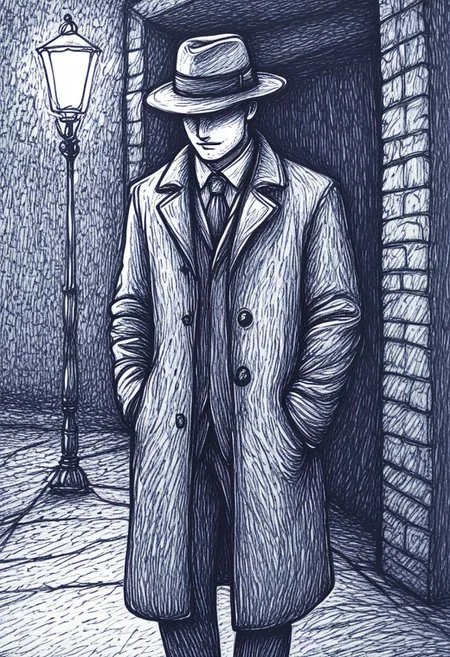 novuschroma42 style ballpoint pen drawing, a detective in a dark alley, long coat, fedora, eyes not visible, best quality, detailed