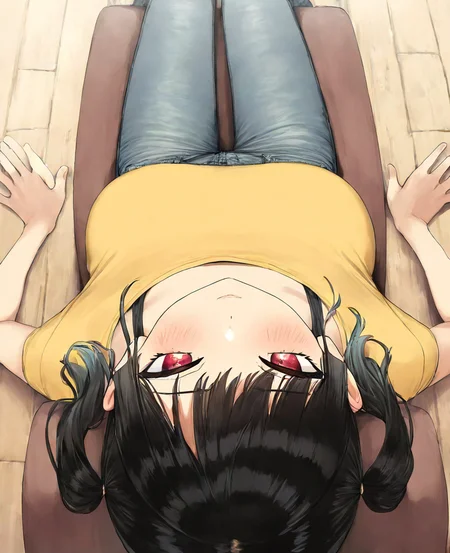 1girl, solo, kanna, black_hair, short_twintails, red_eyes, large_breasts,
yellow_crop_top, jeans, 
knees_together_feet_apart,
from above, face focus, pov,
(happoubi_jin:0.3), (pija:0.5),
sensitive, 
masterpiece, best quality, newest, absurdres, highres, safe,
 <lora:kanna_v3ILXL:0.7>