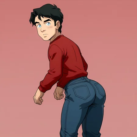 High Quality, Billy batson, small body, solo, 1boy, black hair, blue eyes, red tshirt, bluejeans, young, wedgie, at school,big butt