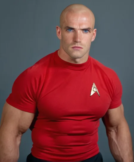 1boy, 20 year old male, Handsome, masculine, blonde, star trek, red shirt, muscle, tall, tight shirt, wide pectorals, big shoulders, wide shoulders, muscular neck, German, bald, big pale blue eyes, abs, biceps, scowling facial expression, phaser, hand,
stunf, star trek uniform,