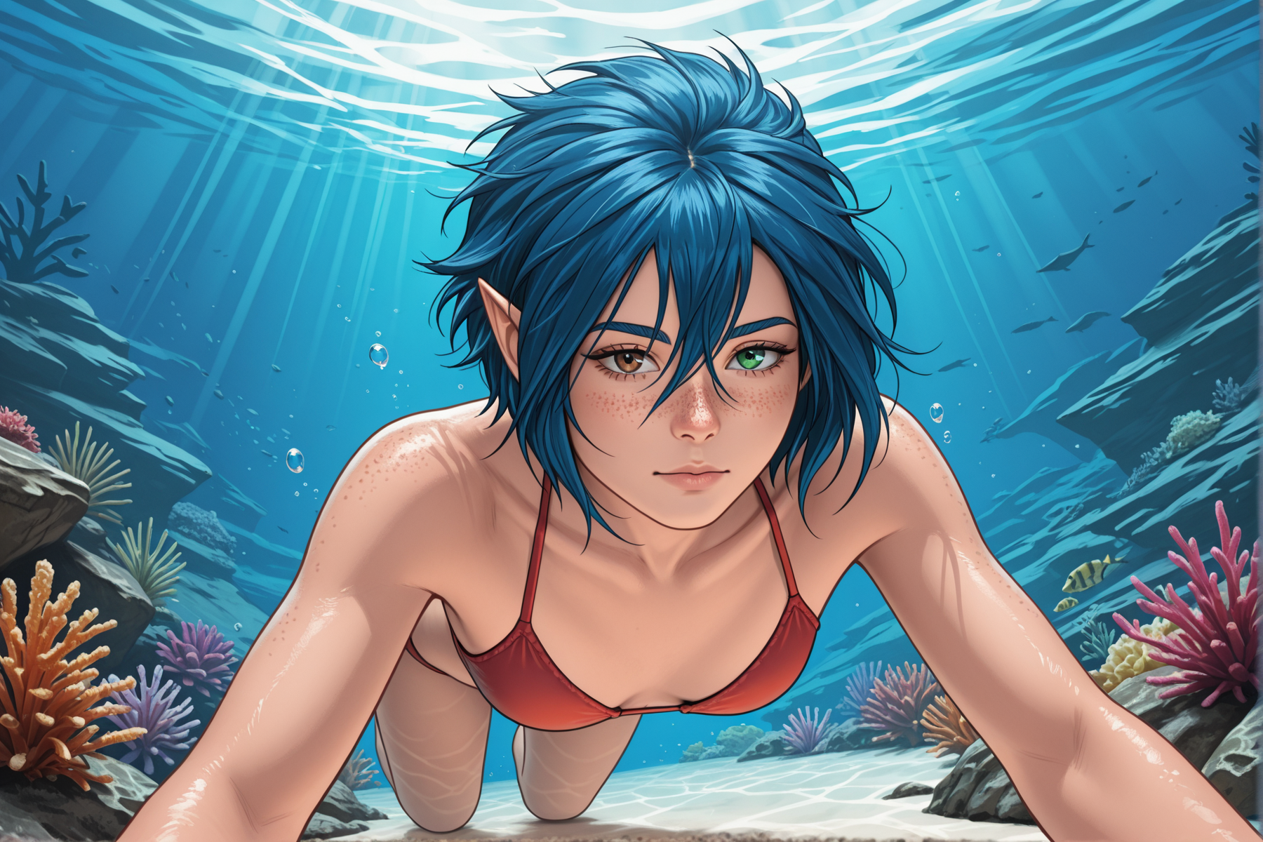 deep underwater, <lora:Aponi:1> 1girl, aponi, blue hair, , short hair, pointy ears, heterochromia, green eyes, brown eyes, freckles, hair between the eyes,
red bikini, swimming, floating,, masterpiece,best quality,amazing quality,newest, absurdres, highres, detailed eyes, beautiful, perfect eyes, finely detailed face, very aesthetic, highly detailed,  intricate lighting, god rays