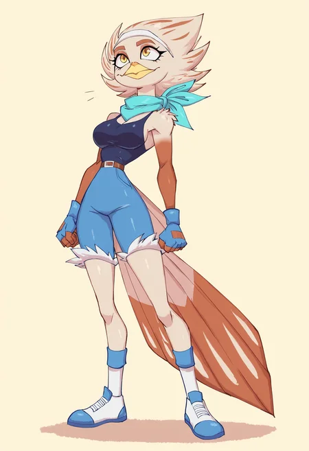 (beautiful, masterpiece, detailed), theine, 1girl, solo, k41k0, female anthro bird, furry bird, avian, medium breasts, beige feathers, fluffy feathers, detailed feathers, beige hair, spiky hair, beak, yellow beak, yellow eyes, bird tail, teal scarf, white hairband, blue gloves, fingerless gloves, blue tank top, blue shorts, belt, white footwear
