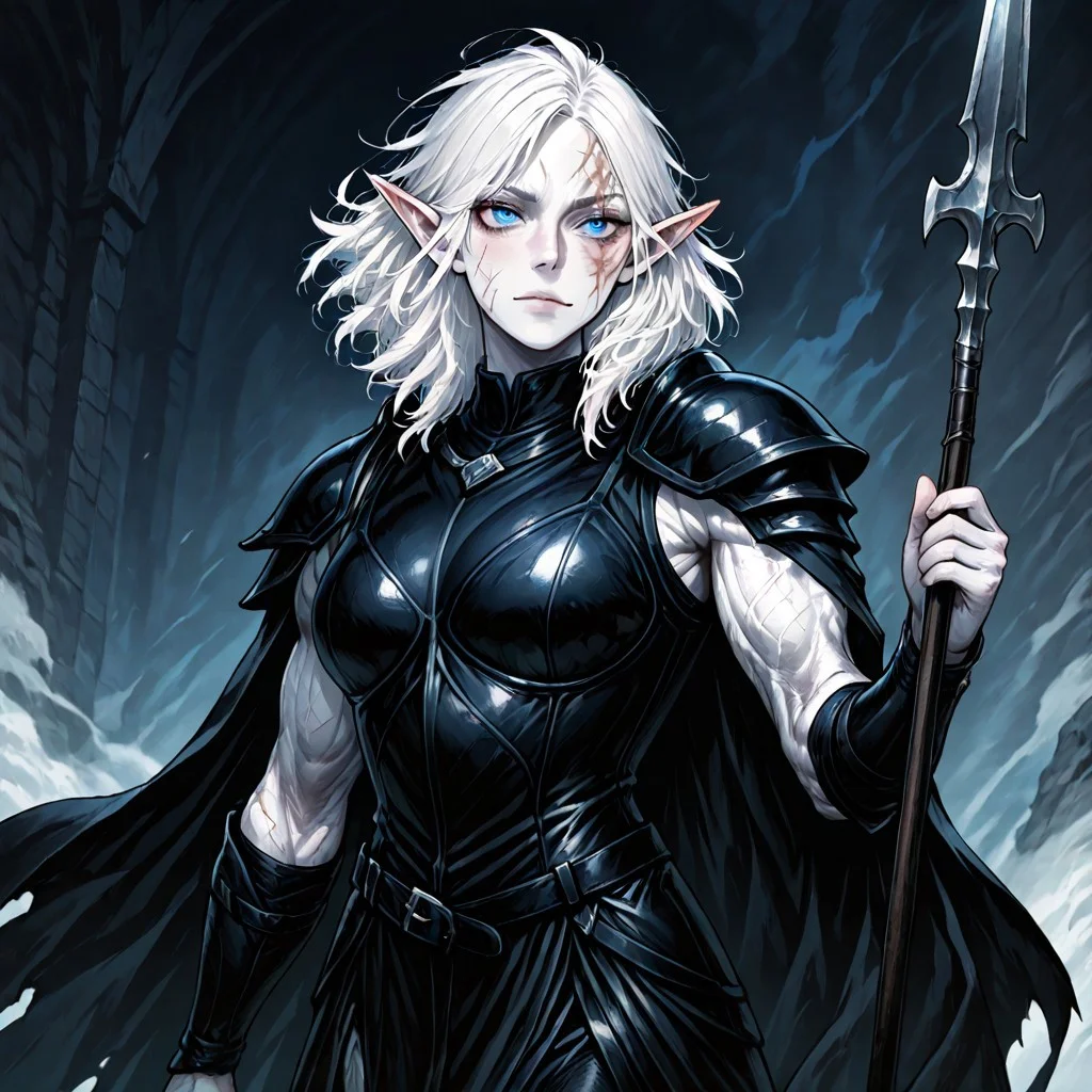 masterpiece, best quality, newest, absurdres, highres,
MIRV1.0, pale, white skin, blue eyes, colored skin, toned, muscular, toned female, white hair, elf, pointy ears, scar, scar on face, armor, cape, shoulder armor, black leather, holding, holding weapon, holding spear, spear