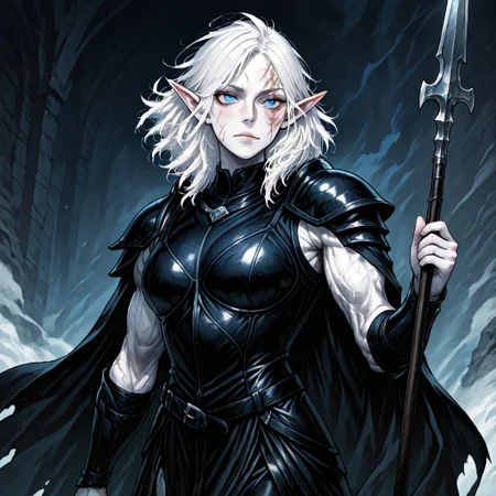 masterpiece, best quality, newest, absurdres, highres,
MIRV1.0, pale, white skin, blue eyes, colored skin, toned, muscular, toned female, white hair, elf, pointy ears, scar, scar on face, armor, cape, shoulder armor, black leather, holding, holding weapon, holding spear, spear