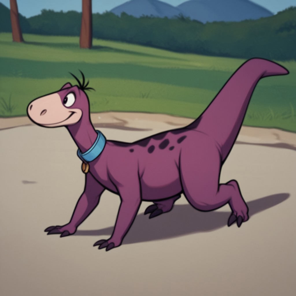 score_9, score_8_up, score_7_up, score_6_up, score_5_up, score_4_up, source_furry, dinofs, semi-anthro, male, purple skin, dinosaur, blue collar, outside, all fours, running