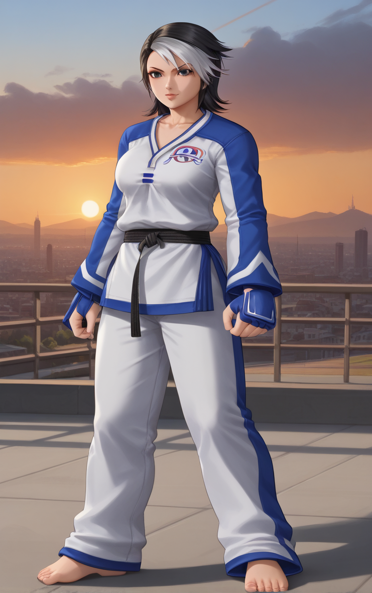 score_9, score_8_up, score_7_up, BREAK 
BlueDougi_ChaeLim_ownwaifu, 
1girl, black eyes, black hair, breasts, medium breasts, two-tone hair, white hair, short hair, lips, large breasts, dyed bangs, collarbone, 
black belt, blue dress, dougi, martial arts belt, multicolored clothes, multicolored hair, belt, long sleeves, jacket, fingerless gloves, raglan sleeves, sportswear, track jacket, cleavage,
(contrapposto, hand on hip), sunset, sidelighting, cityscape, vanishing point, outdoors, <lora:PONYXL_GAME_KOF_ChaeLim_ownwaifu:1> , depth of field, solo,