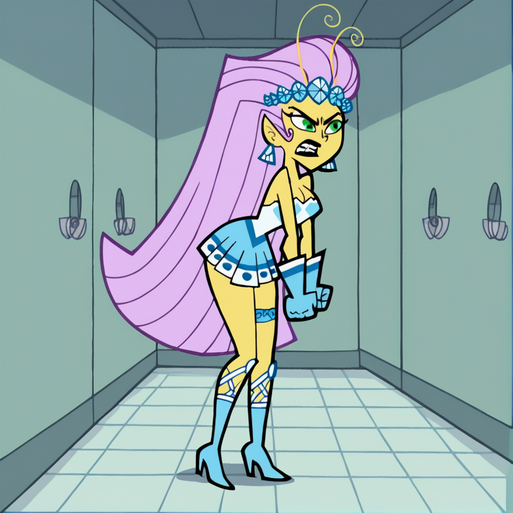 score_9, score_8_up, score_7_up, score_6_up, score_5_up, score_4_up, BREAK, <lora:Princess_Mandie:0.7>, princess mandie, 1girl, solo, breasts, skirt, gloves, dress, bare shoulders, jewelry, full body, purple hair, earrings, boots, teeth, high heels, strapless, colored skin, clenched hands, tiles, tile floor, pink hair, long hair, black lips, green eyes, pointy ears, yellow skin