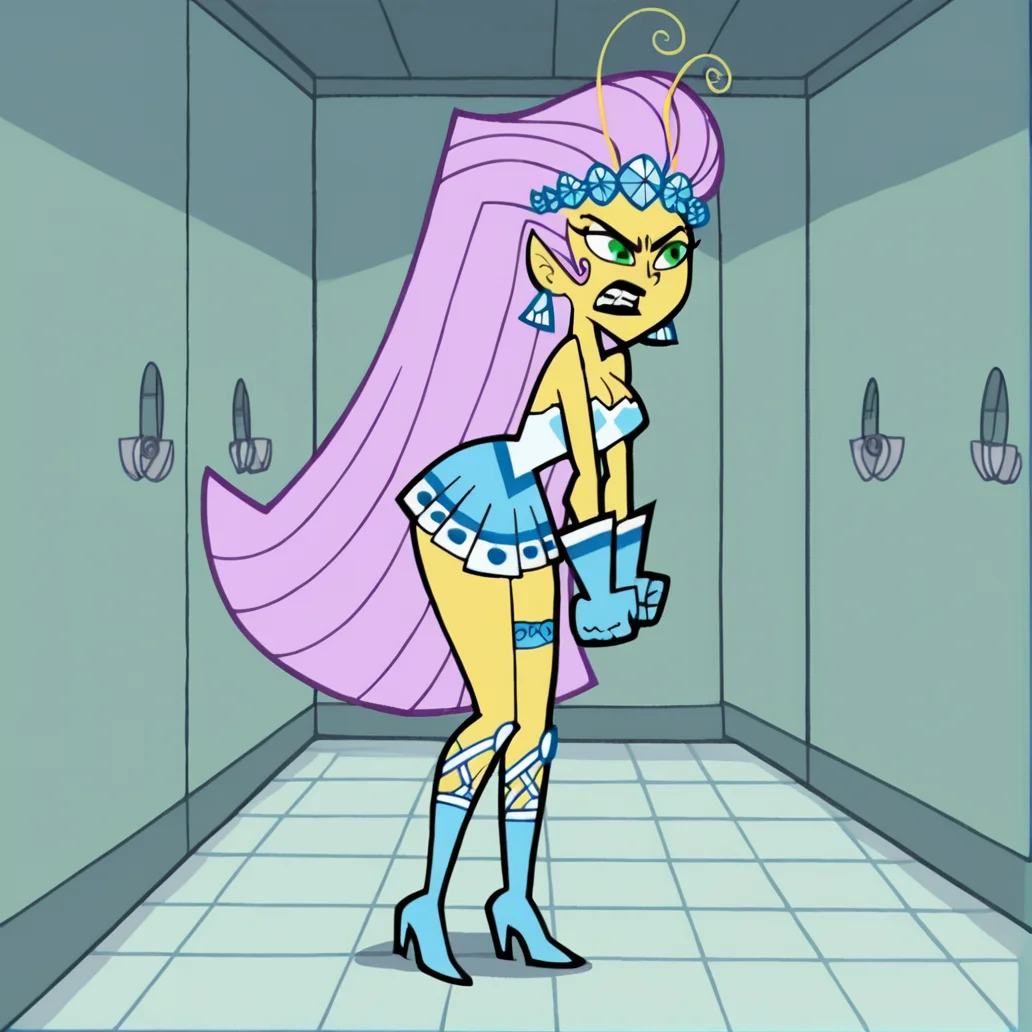 score_9, score_8_up, score_7_up, score_6_up, score_5_up, score_4_up, BREAK, <lora:Princess_Mandie:0.7>, princess mandie, 1girl, solo, breasts, skirt, gloves, dress, bare shoulders, jewelry, full body, purple hair, earrings, boots, teeth, high heels, strapless, colored skin, clenched hands, tiles, tile floor, pink hair, long hair, black lips, green eyes, pointy ears, yellow skin