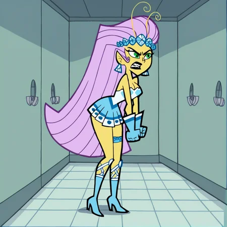 score_9, score_8_up, score_7_up, score_6_up, score_5_up, score_4_up, BREAK, <lora:Princess_Mandie:0.7>, princess mandie, 1girl, solo, breasts, skirt, gloves, dress, bare shoulders, jewelry, full body, purple hair, earrings, boots, teeth, high heels, strapless, colored skin, clenched hands, tiles, tile floor, pink hair, long hair, black lips, green eyes, pointy ears, yellow skin