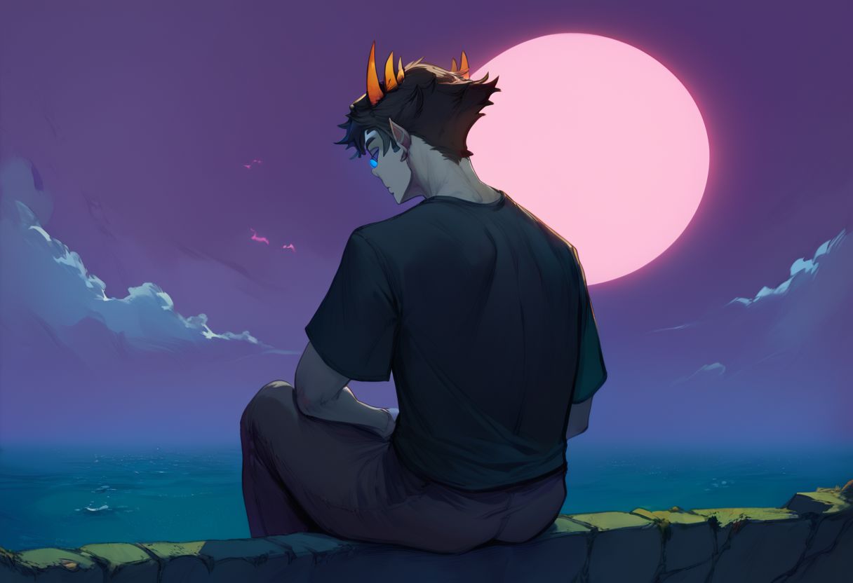 score_9_up, score_8_up, score_7_up, score_6_up, OverallDetail, csr style, Sollux Captor, man sitting on a cliff above the ocean staring up at a pink moon, moonlight, grey skin, black hair, four horns, red and blue eyes, looking upward, rear view