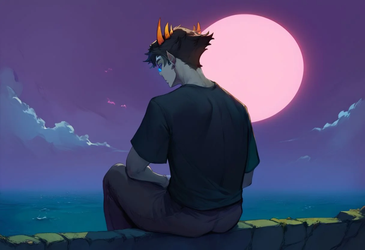 score_9_up, score_8_up, score_7_up, score_6_up, OverallDetail, csr style, Sollux Captor, man sitting on a cliff above the ocean staring up at a pink moon, moonlight, grey skin, black hair, four horns, red and blue eyes, looking upward, rear view