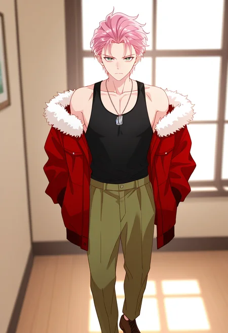 masterpiece,best quality,depth of field,amazing quality,very aesthetic,high resolution,intricate details,offcial style,anime coloring,anime screencap, , , , 1boy, solo, male focus, <lora:xian-yi:0.89>,wang yi,short hair, green eyes,slicked back hair,bare shoulders, standing, jacket, pink hair, shoes, pants, indoors, off shoulder, necklace, fur trim, window, brown footwear, tank top, red jacket, fur-trimmed jacket, black tank top, dog tags,looking at viewer