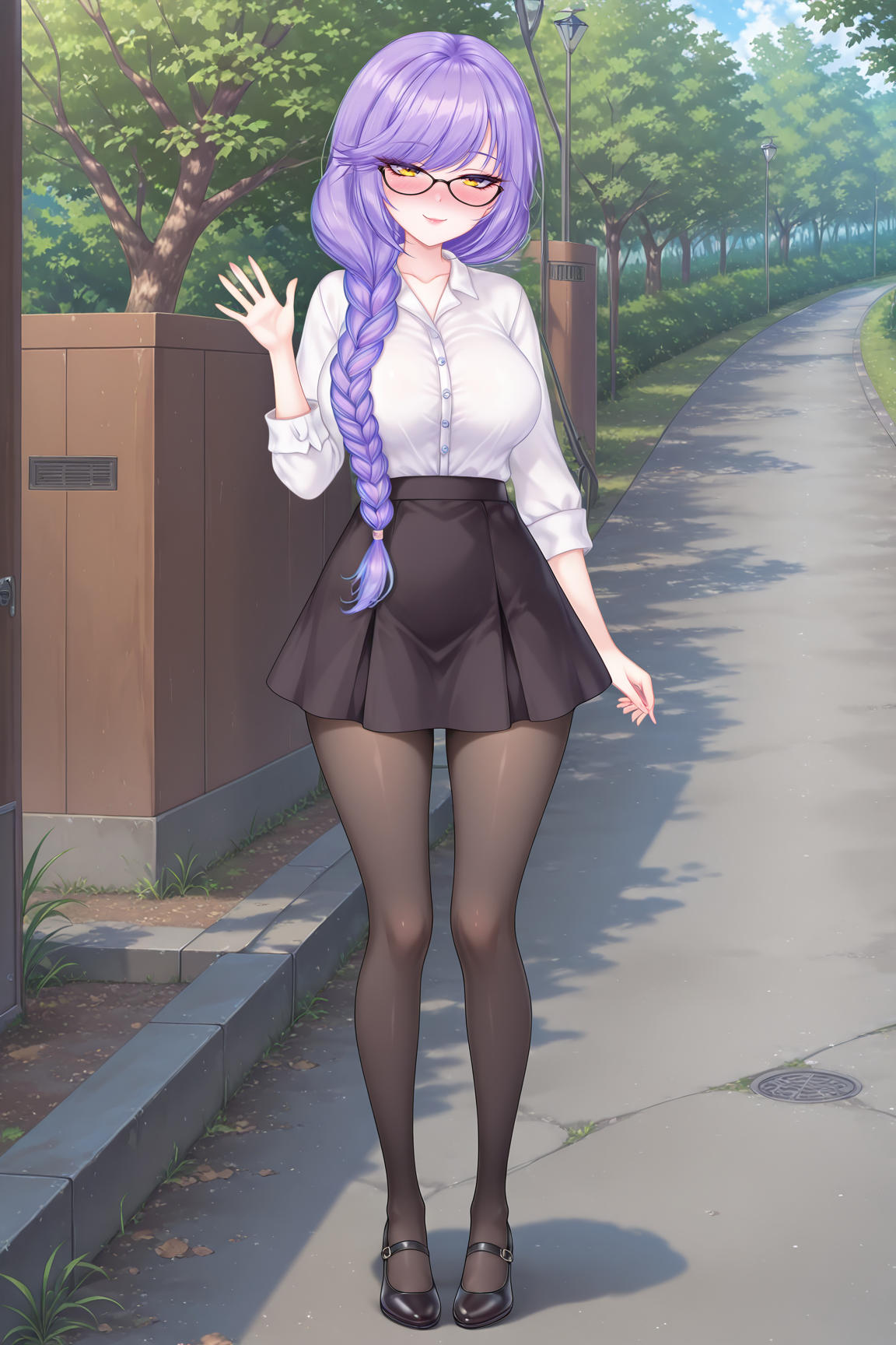 masterpiece,best quality,amazing quality, BREAK, MidzuiVTILXL, yellow eyes, purple hair, long hair, bangs, single braid, side braid, glasses, large breasts, white shirt, black skirt, black pantyhose, black shoes, solo, full body, standing, waving, seductive smile, looking at viewer, naughty face, nose blush, forest, tree    <lora:MidzuiVTILXL:1>