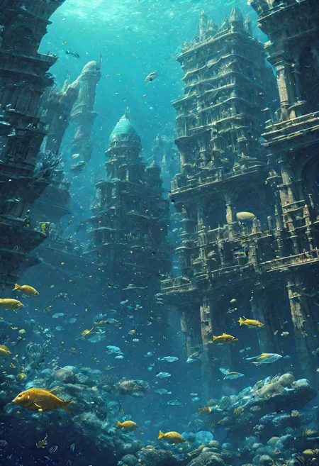 a underwater scene with a submerged city and a lot of fish swimming around, sci-fi, fantasy, enchanting, detailed