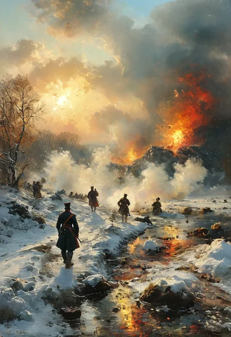 cinematic explosion napoleonic soldiers blowing away ,battlefield, vibring color, explosion, ice and snow . Forest. At sunset, vibring color, monet, oil painting, style of Andreas Achenbach