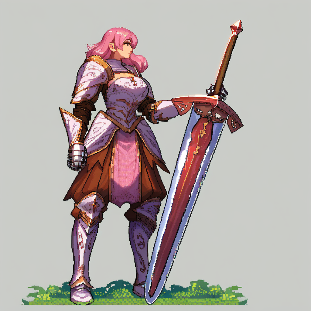 score_9, score_8_up, score_7_up, source_anime, fine sketch, manga style, vibrant pixel art, detailed pixel art, (1girl), pink hair, {blush}, med hair, bangs, a medieval assassin, wearing a (long heavy tunic with a hood), and light armor, highly detailed, full body illustration, milf, mature female, late 30s, midwife, adventurer, heroin, grabbing the handle of a, (giant_sword), (resting stance), wide shoulders, (muscular:1.2), (tall height), busty, gauntlets, (armor tasset's:1.1), leaning left, looking to the left, epic composition, fantasy, a stunning scene, fantasy aesthetic, pink-blossom trees in the background, with insanely intricate details and textures, sun rays, dramatic lighting, perspective, dynamic, foreshortening