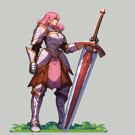 score_9, score_8_up, score_7_up, source_anime, fine sketch, manga style, vibrant pixel art, detailed pixel art, (1girl), pink hair, {blush}, med hair, bangs, a medieval assassin, wearing a (long heavy tunic with a hood), and light armor, highly detailed, full body illustration, milf, mature female, late 30s, midwife, adventurer, heroin, grabbing the handle of a, (giant_sword), (resting stance), wide shoulders, (muscular:1.2), (tall height), busty, gauntlets, (armor tasset's:1.1), leaning left, looking to the left, epic composition, fantasy, a stunning scene, fantasy aesthetic, pink-blossom trees in the background, with insanely intricate details and textures, sun rays, dramatic lighting, perspective, dynamic, foreshortening