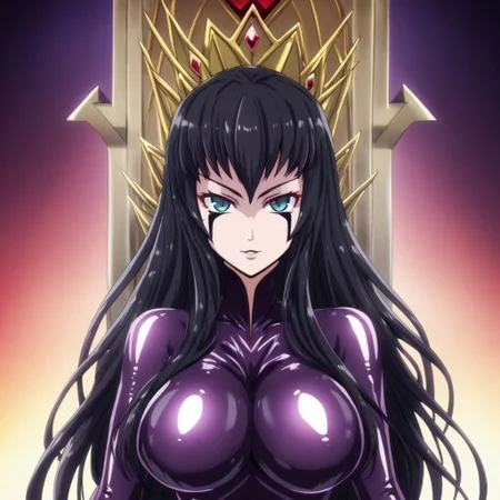 mana_sk, 1girl, solo, beautiful, sexy, busty, evil queen, throne in background, shiny latex suit, long hair, black hair, holy, portrait, looking at the viewer, ( focus on face:1.2),