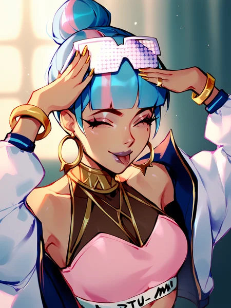 score_9, score_8_up, score_7_up, BREAK, Qiyana True Damage, 1girl, solo, single hair bun, blue and pink hair, glasses, multicolored hair, golden collar, halterneck, pink bra, bare shoulders, white jacket, jewelry, AhEtoBlehMeme, closed eyes, tongue out, :p, hands on own head, smile <lora:QiyanaTD:1> <lora:AhEtoBlehMeme_pdxl_Incrs_v1:1>