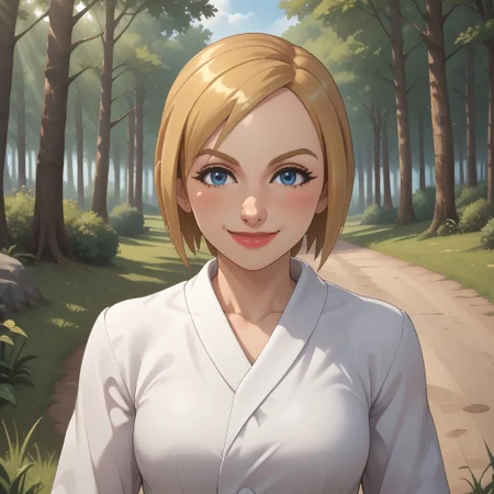 score_9, score_8, BREAK, solo, wii, mii, wii sports, 1girl, female mii, blonde hair, blue eyes, dark blonde eyebrows, blush, lips, white clothing, white pants, shoes, breasts, nintendo mii, modern_mii, classic_mii, Irina_(Wii_Sports), cute, sexy pose, self portrait, smile, outdoors, sunlight, shadows, evening lighting, natural lighting, forest, trees, grass, orange sky, sunset