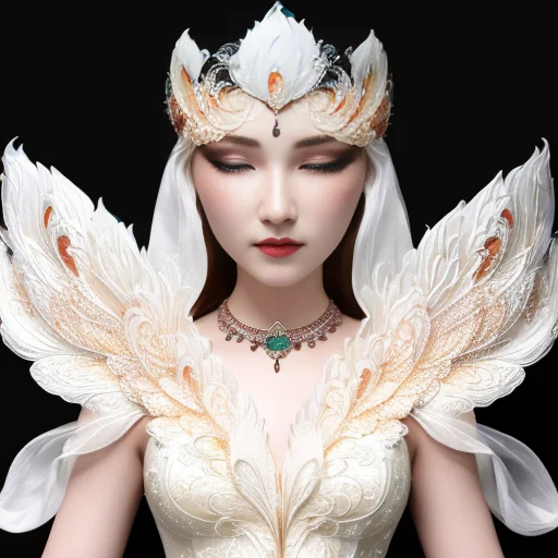bestquality,masterpiece,highres,chinadress,hairornament,necklace,jewelry,Beautifulface,full_body,tyndalleffect,photorealistic,darkstudio,rimlighting,twotonelighting,(highdetailedskin:1.2),8kuhd,dslr,softlighting,highquality,mju, a white mask with a bird on it<lora:mju-10:1.2>