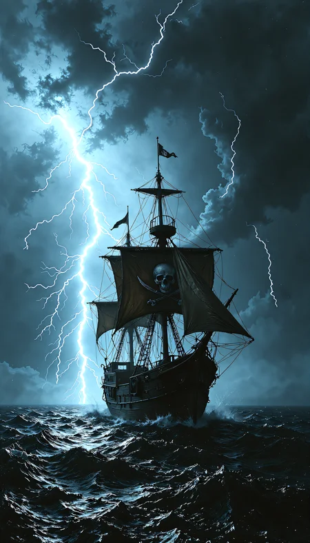 devast8,a pirate ship with a jolly roger flag is sailing in rough waters as a might lightning storm rages overhead. the thick bolts of lightning shooting across the sky around it.