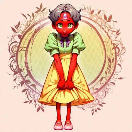 ng_deepnegative_v1_64t, score_9, score_8_up, score_7_up, zPDXL2, detailed background, concept art, source_anime, 1 girl, red skin, gray hair, short hair, puffy hair, light green shirt, (long nose), lavender gem on forehead, purple ribbon around neck, yellow skirt, tall, long legs, pink mary janes, lifting dress up, cute pose