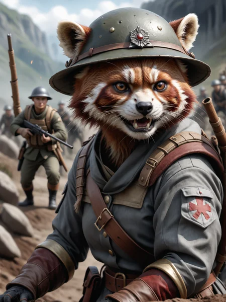 an cute red panda soldier woman is fighting in the trenches of ww1. anger is in her detailed face, fotoreal, detailed, realistic, 8k uhd, high quality