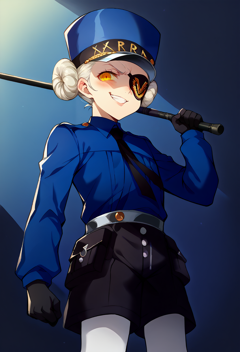 <lora:pony_good_hands:1>, <lora:Anime Style 2 SDXL_LoRA_Pony Diffusion V6 XL:0.3>, score_9, score_8_up, score_7_up, source_anime, good_hands, <lora:Persona_5_Portrait_Style_Pony:0.7>
standing, from below, dutch angle, cowboy shot, 
<lora:VelTwins-000010:1>, 1girl, solo, p5caro, white hair, double hair bun, eyepatch, right eyepatch, black gloves, uniform, blue hat, blue collared shirt, black necktie, long sleeves, black shorts, single white thighhigh, 
standing, holding baton, clenched hand, 
<lora:Expressive_H:1>, yellow eyes, looking at viewer, blush, shaded face, grin, smug,