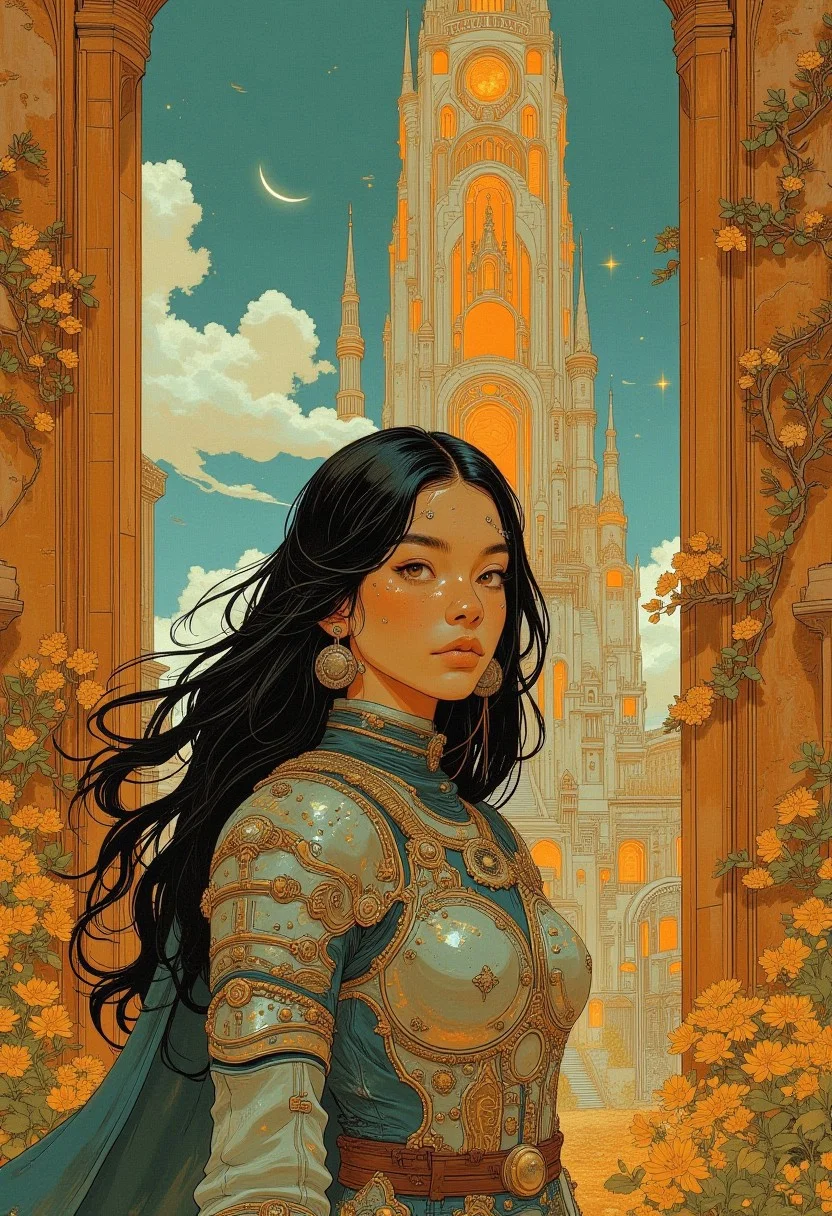 A beautiful Spanish woman wearing (modest armour:1.00), with long hair looks at the viewer from in front of the massive tower in a futuristic Barcelona , large open doors behind her, rich colours, futuristic, sci-fi illustration