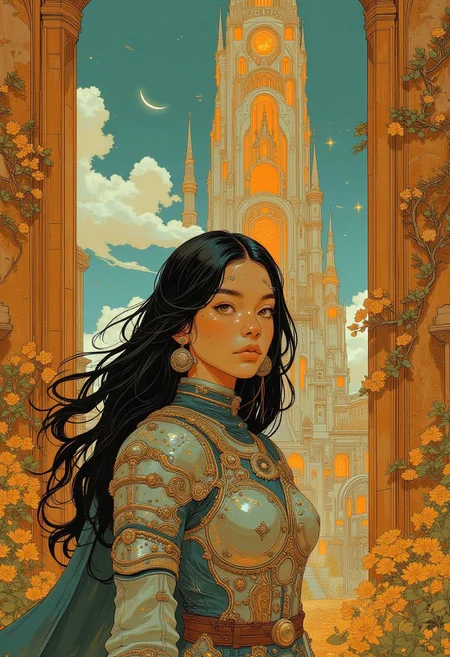 A beautiful Spanish woman wearing (modest armour:1.00), with long hair looks at the viewer from in front of the massive tower in a futuristic Barcelona , large open doors behind her, rich colours, futuristic, sci-fi illustration