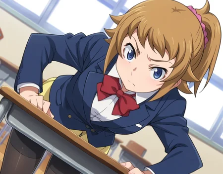 score_9, score_8_up, score_7_up, source_anime,
fuminahoshino, <lora:fumina-hoshino-s2-ponyxl-lora-nochekaiser:1>,
fumina hoshino, hoshino fumina, blue eyes, brown hair, ponytail, scrunchie,
skirt, school uniform, jacket, pantyhose, blazer, bike shorts, shirt, white shirt, collared shirt, bow, red bowtie,
indoors, classroom, bent over,
looking at viewer, dutch angle, cowboy shot,