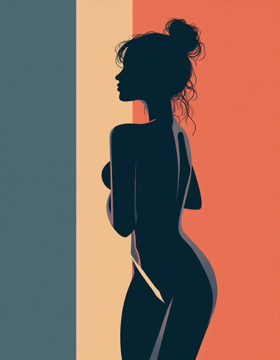 A digital illustration in minimalistic style about the side silhouette of a naked woman with hair bun over a simple background.