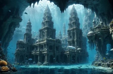 cinematic 4k epic detailed under water city with human fish hybrids and amazing caves building, highly detailed.